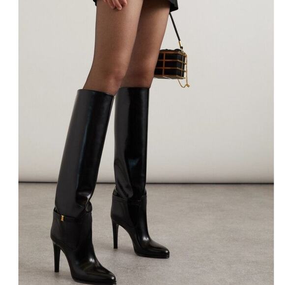YSL Diane Logo-Embellished Black Leather knee High Boot 40.5 - Picture 1 of 12